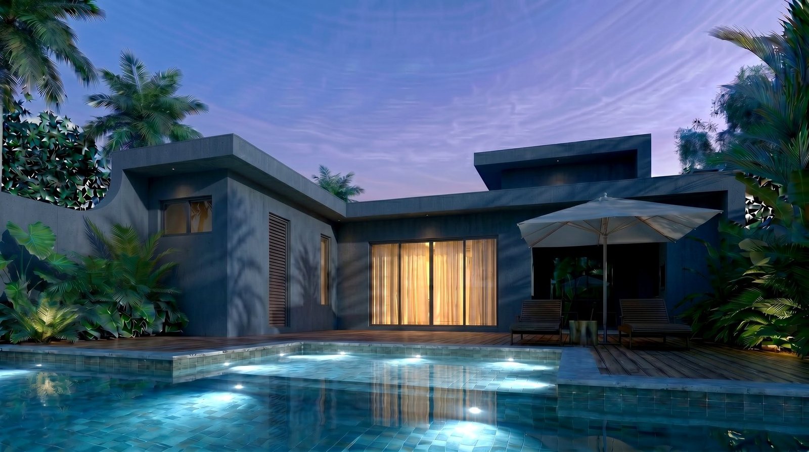 Área de lazer da Casa Aroeira na hora azul, com piscina iluminada, deck de madeira e área gourmet