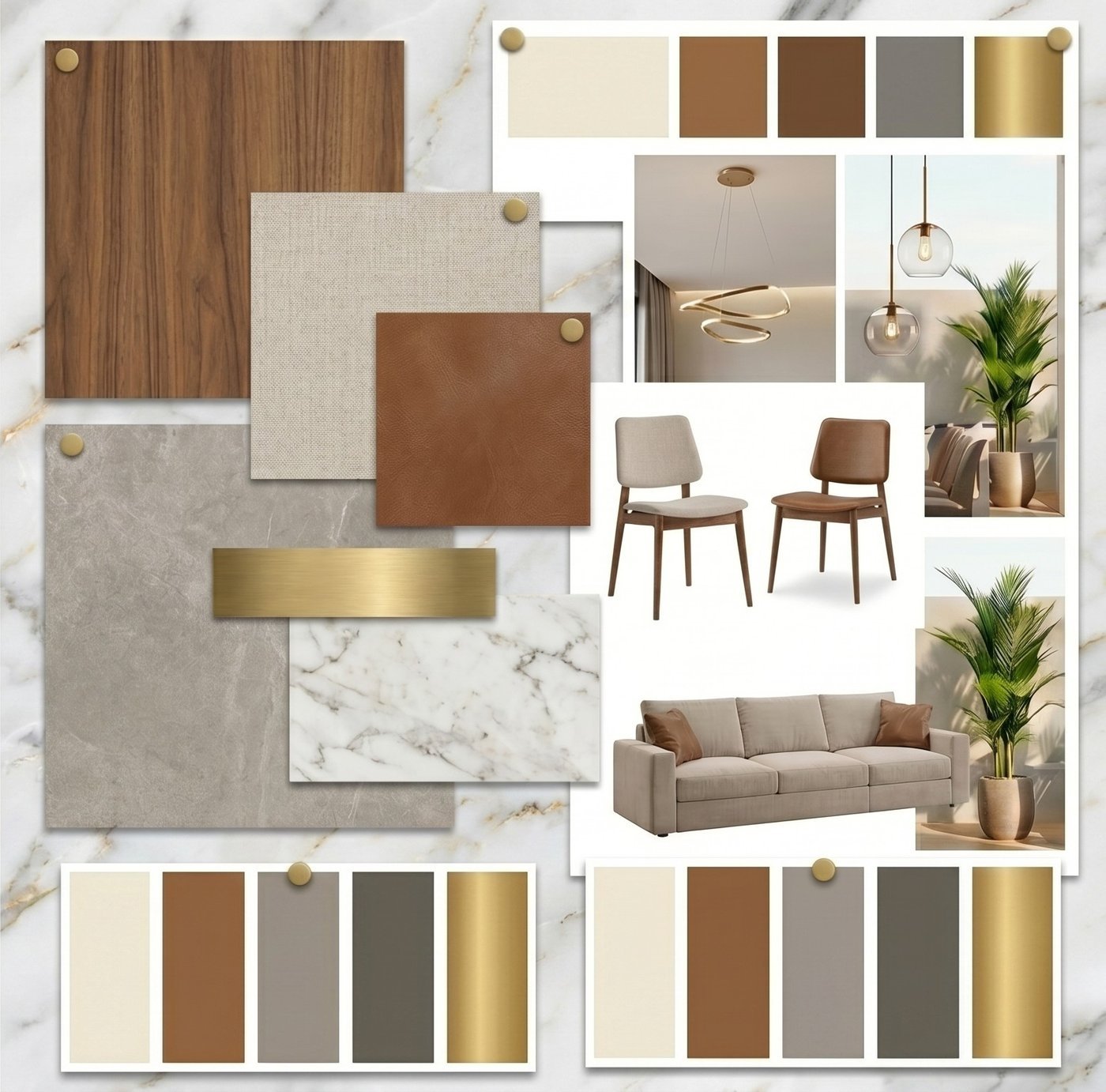 Moodboard de acabamentos — conceito contemporâneo quente